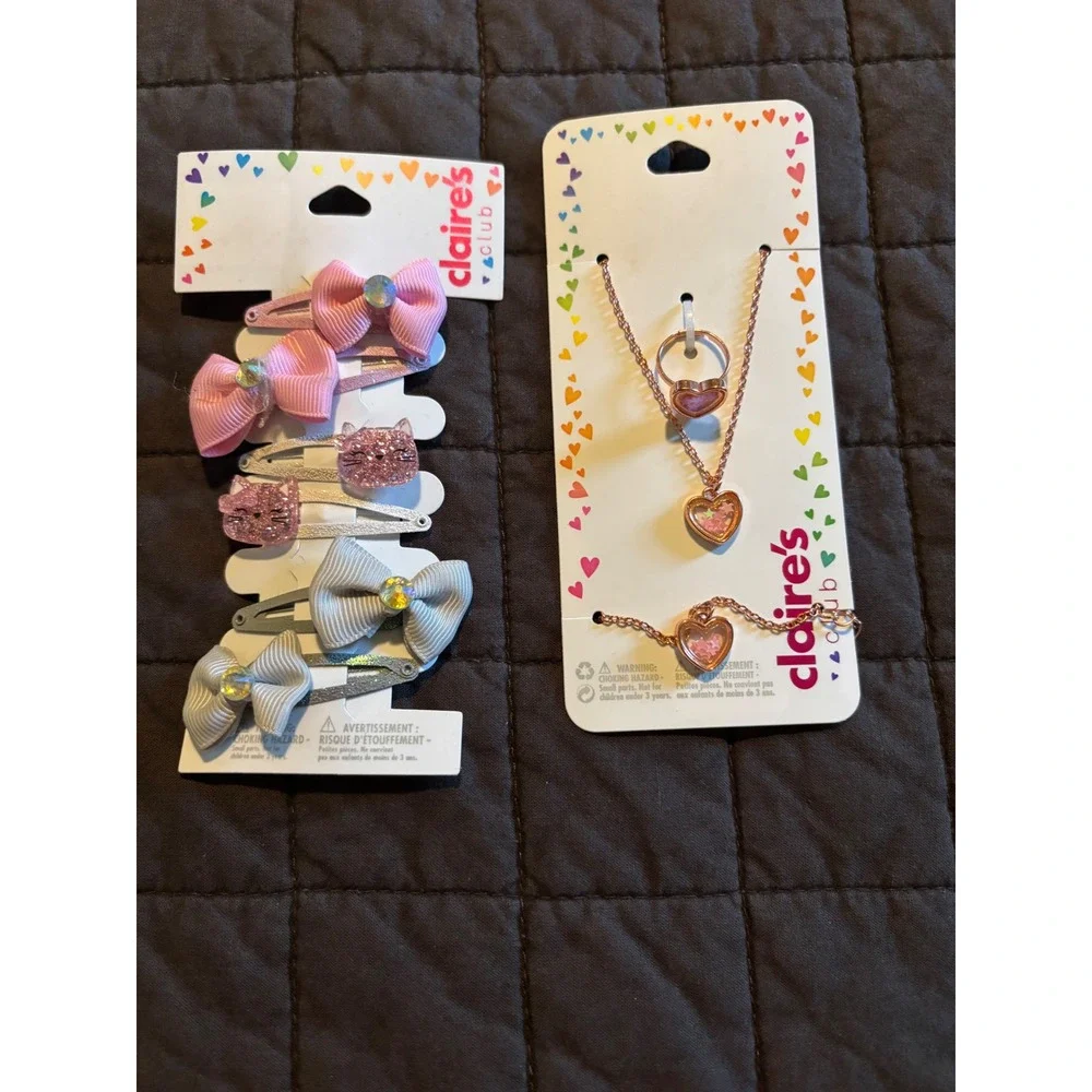 Claires Club Girls Pink Heart Jewelry Set and Bow Cat Hair Clips Bundle 9pc NEW